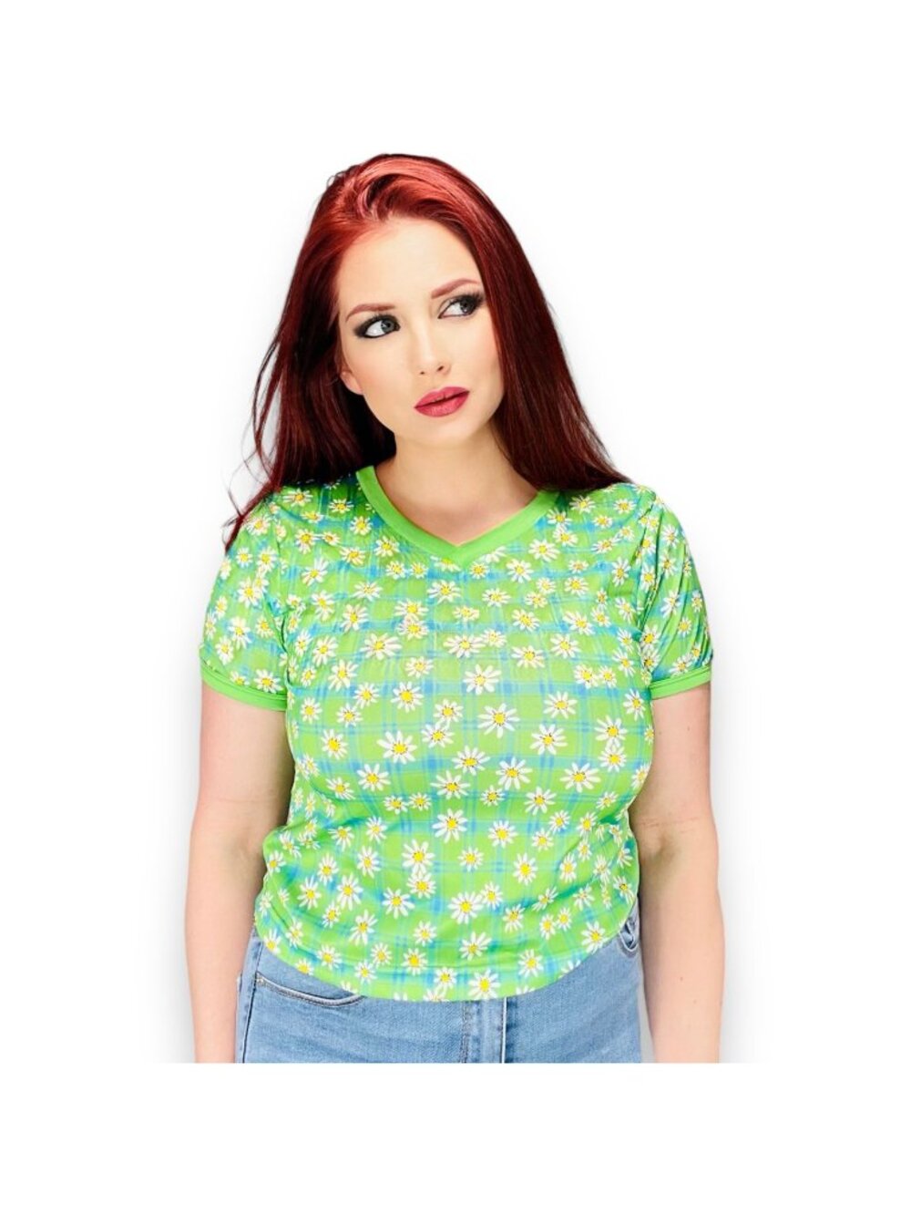 Vintage Xhileration Y2K Green Daisy Print Short Sleeve Shirt Top XL Y / W Small